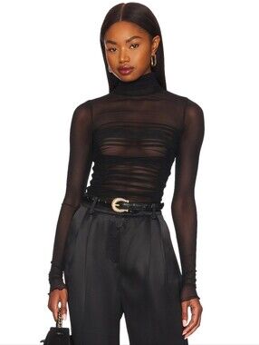 Free People Intimately Under It All Ruched Sheer Black Mesh Turtleneck Bodysuit